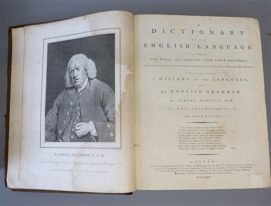 Johnson, Samuel - A Dictionary of the English Language, 6th edition, 2 vols, qto, old calf, torn and scuffed, joints split, with engrav